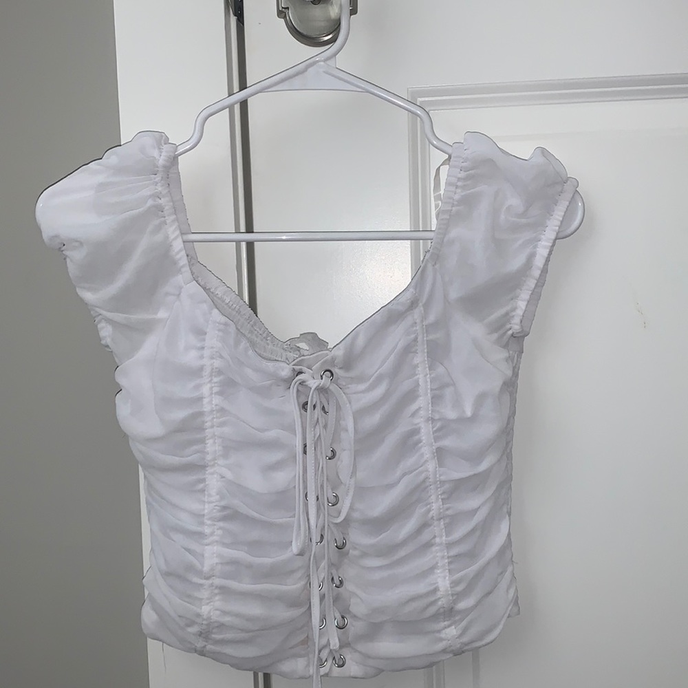 VENUS white lace up tie off shoulder shirt size XS